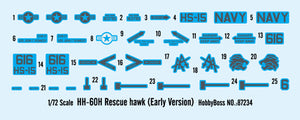 Calcas de la maqueta del helicóptero norteamericano de rescate HH-60H Rescue Hawk versión inicial en escala 1:72 de Hobby Boss referencia 87234