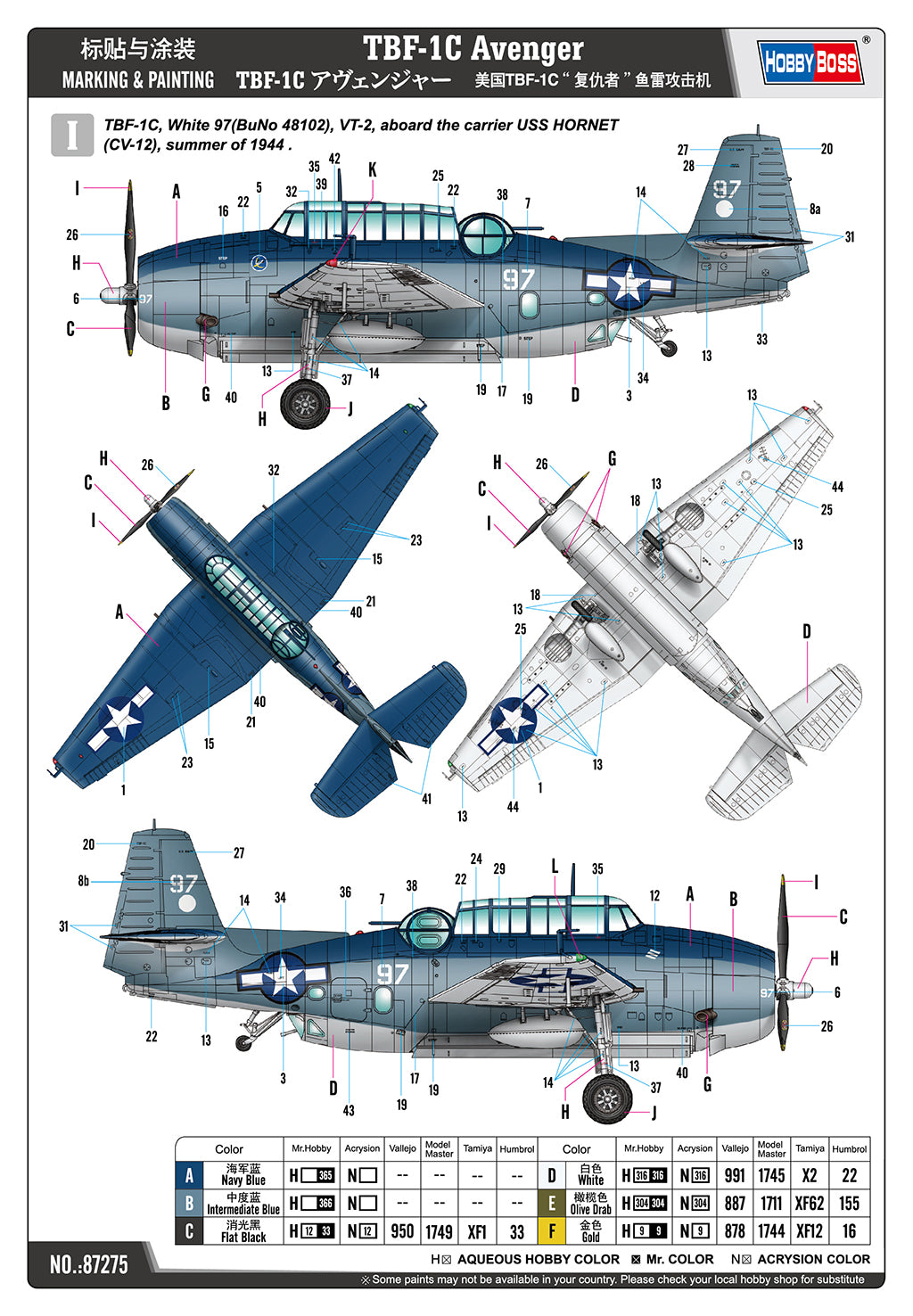 Decoración 1 de la maqueta del bombardero Grumman TBF-1C Avenger en escala 1:72 de Hobby Boss referencia 87275