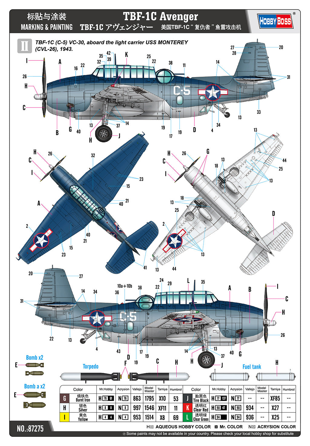 Decoración 2 de la maqueta del bombardero Grumman TBF-1C Avenger en escala 1:72 de Hobby Boss referencia 87275