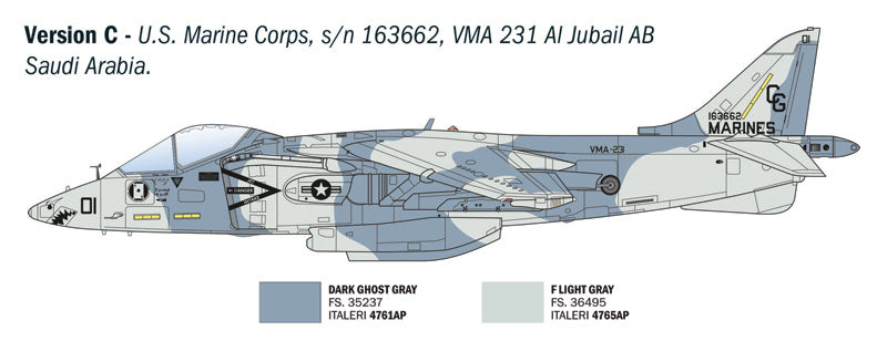 Decoración 3 de la maqueta del caza embarcado AV-8B Harrier II en escala 1:72 de Italeri referencia 0193