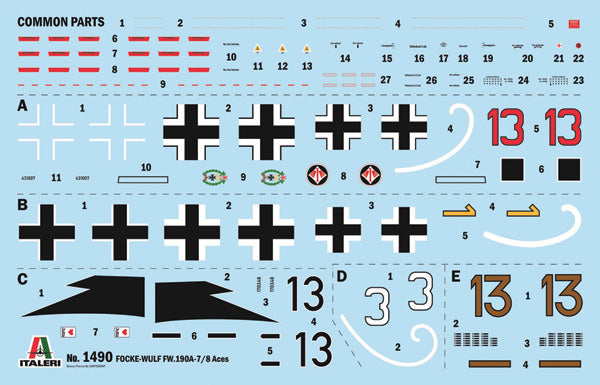 Calcas de la maqueta del caza alemán Fw-190 A7 o A8 edición Ases WW2 en escala 1:72 de Italeri referencia 1490