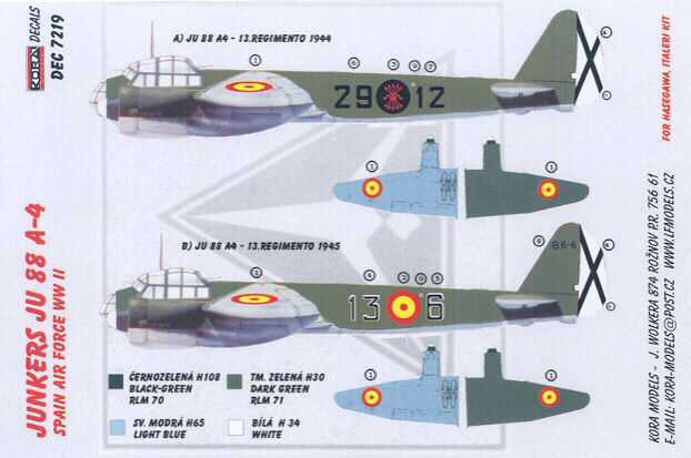 Set de calcas para bombradero Junkers Ju88 A4 sobre España en escala 1:72 de Kora Models referencia DEC7219