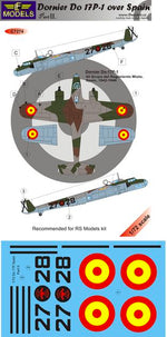 Set de calcas para maquetas del bombardero alemán Dornier Do 17 P-1 en escala 1:72 de LF Models referencia 7274