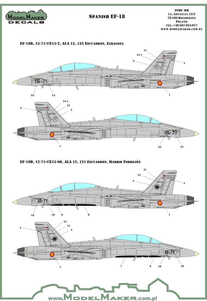 Decoraciones 1 del set de calcas para maquetas en escala 1:72 del caza español F/A-18 del fabricante ModelMaker Decals referencia D72089