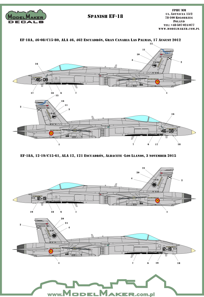 Decoraciones 3 del set de calcas para maquetas en escala 1:72 del caza español F/A-18 del fabricante ModelMaker Decals referencia D72089