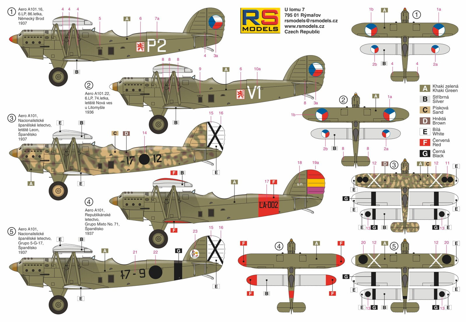 Decoraciones de la maqueta del biplano bombardero checo Aero A 101 en escala 1:72 de RS Models referencia 92260