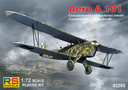 Portada de la caja de la maqueta del biplano bombardero checo Aero A 101 en escala 1:72 de RS Models referencia 92260