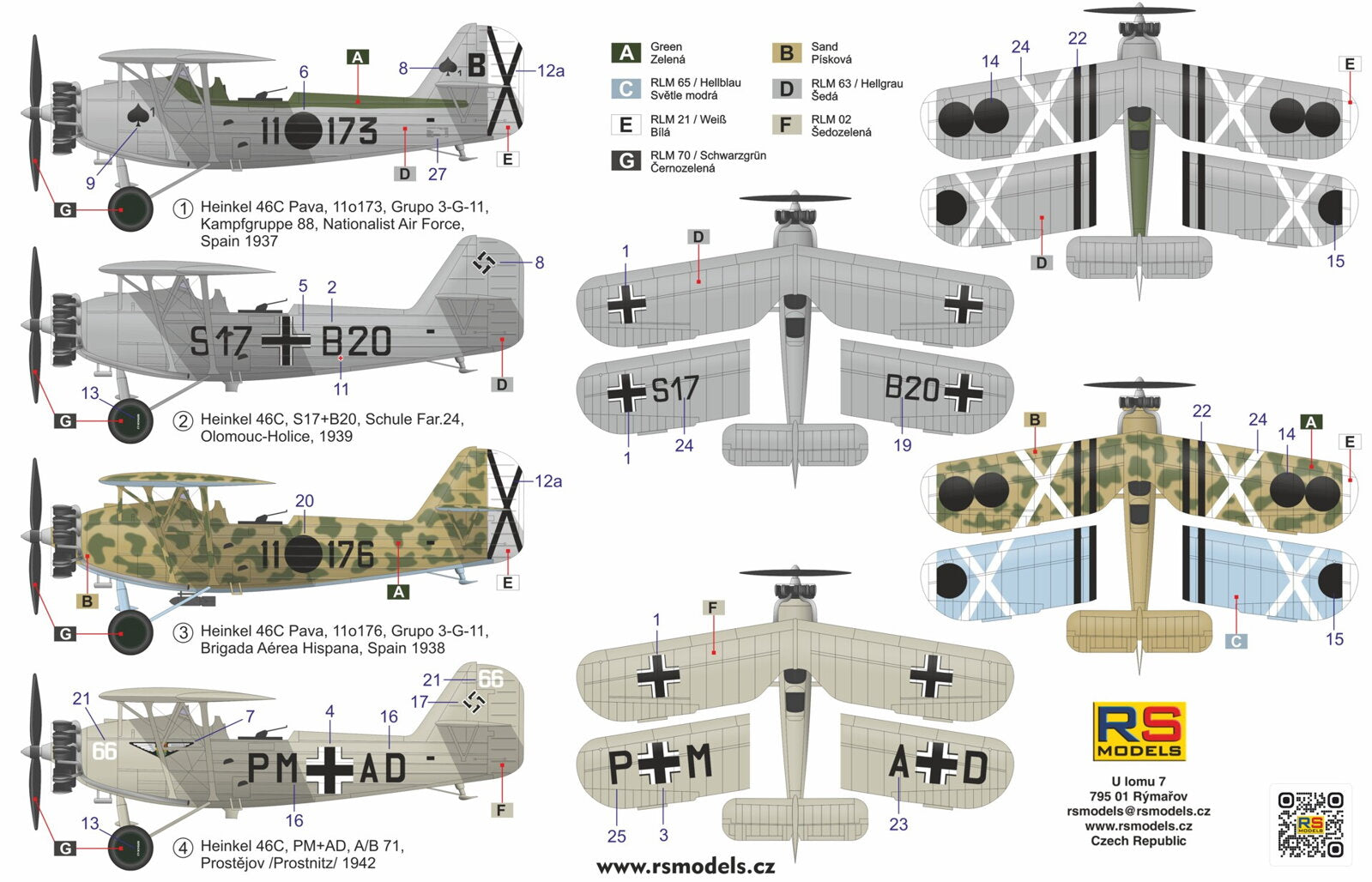 Decoraciones de la maqueta del avión de reconocimiento de la Legión Condor Heinker He-46C en escala 1:72 de RS Models referencia 92286