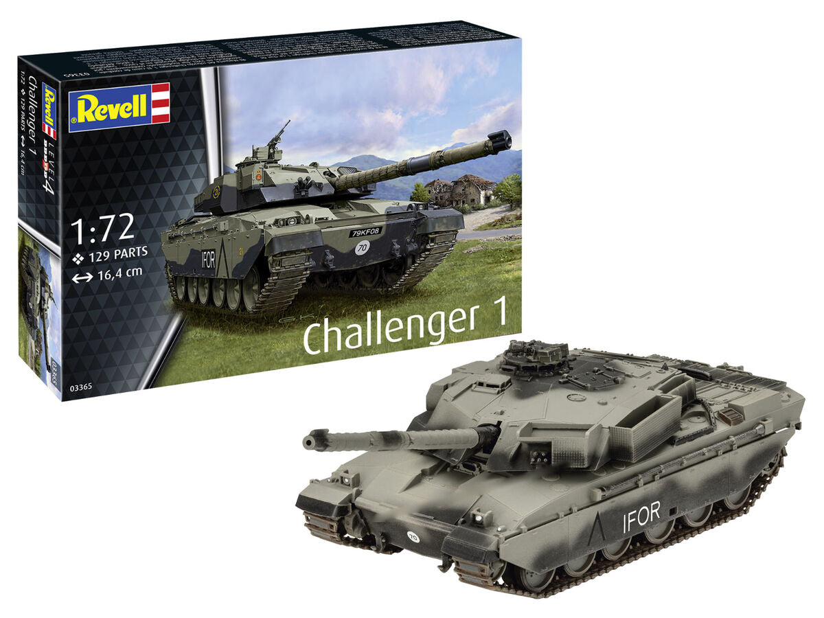 Foto de la caja y de la maqueta del carro de combate británico Challenger 1 en escala 1:72 de Revell referencia 03365