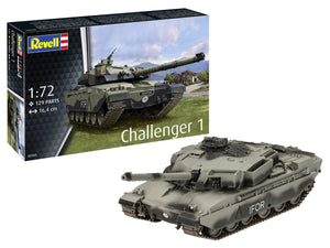 Foto de la caja y de la maqueta del carro de combate británico Challenger 1 en escala 1:72 de Revell referencia 03365