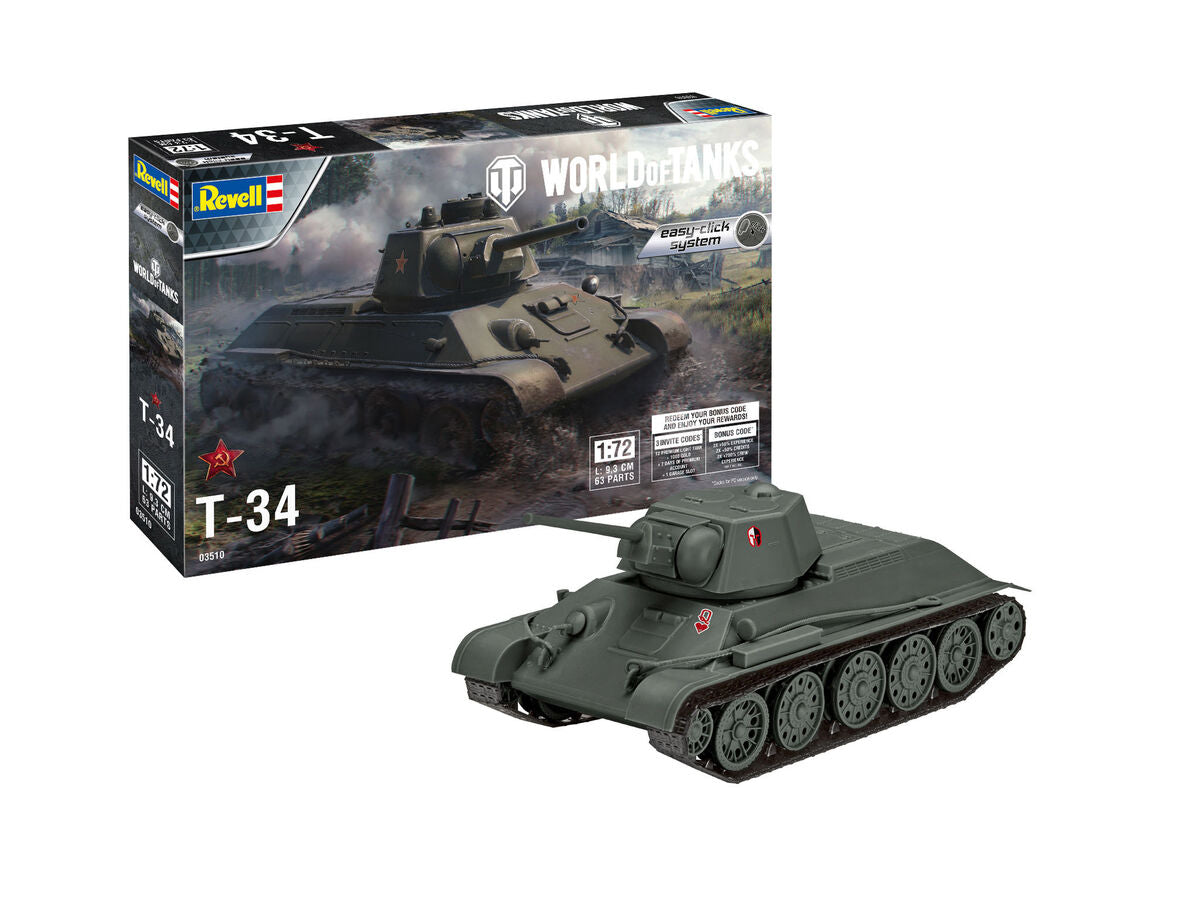 Portada de la caja y foto de la maqueta del tanque soviético T-34 en escala 1:72 con sistema Easy Click de Revell referencia 03510