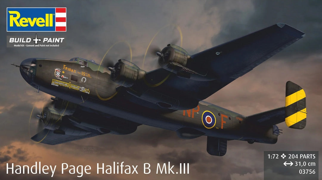 Portada de la caja de la maqueta del bombardero inglés Hadley Page Halifax B en versión Mk.III en escala 1:72 de Revell referencia 03756