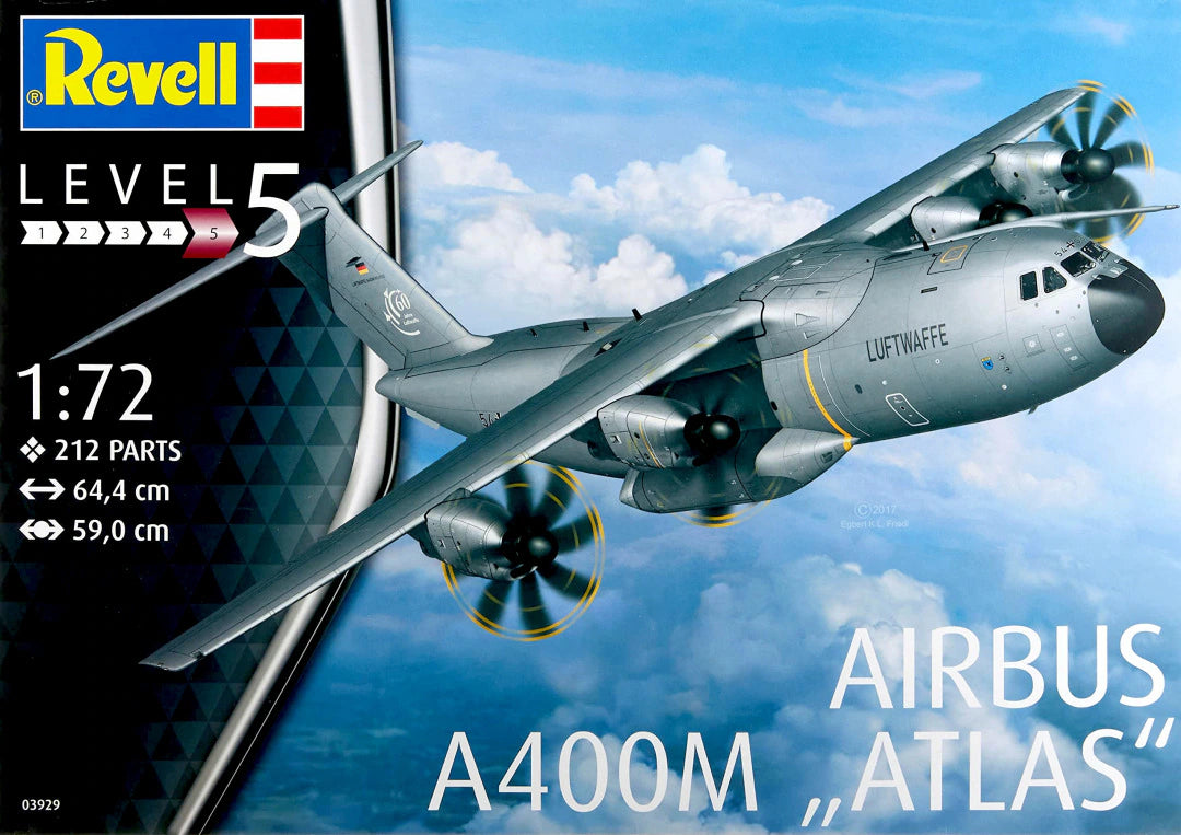 Portada de la caja de la maqueta del avión de transporte Airbus A400M Atlas en escala 1:72 de Revell referencia 03929