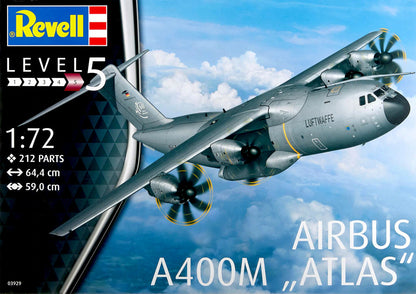 Portada de la caja de la maqueta del avión de transporte Airbus A400M Atlas en escala 1:72 de Revell referencia 03929