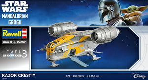 Portada de la caja de la maqueta de l nave espacial Razor Crest en la película Mandalorian y Grogu en escala 1:72 de Revell referencia 06747