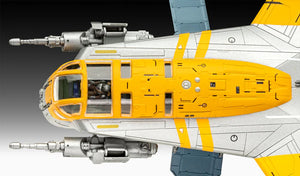 Foto superior de la maqueta de l nave espacial Razor Crest en la película Mandalorian y Grogu en escala 1:72 de Revell referencia 06747