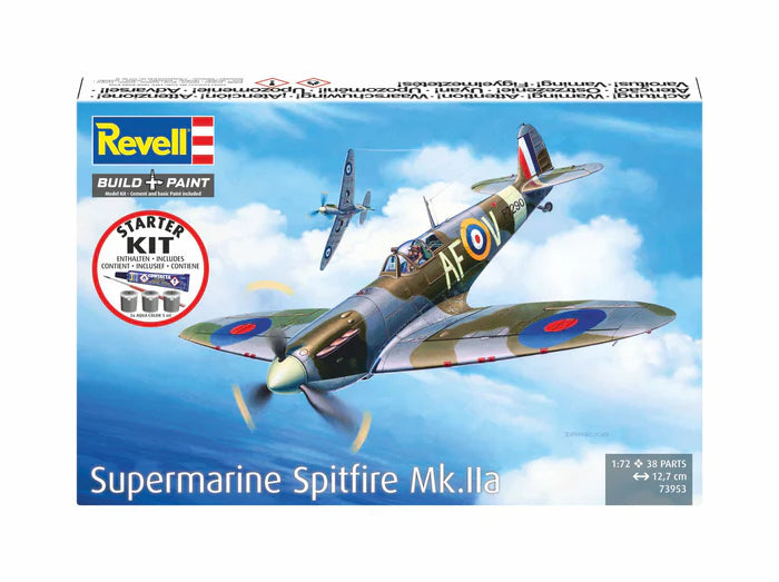 Portada de la caja del set con pegamento, pincel, pinturas y maqueta del caza Spitfire Mk.IIa en escala 1:72 de Revell referencia 73953