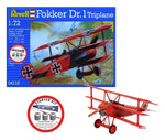 Model set del avión triplano del famoso Barón Rojo Fokker Dr.1 en escala 1:72 con pinturas, pincel y pegamento de Revell referencia 74116