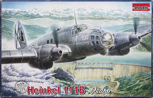 Portada de la caja de la maqueta del bombardero alemán de la Legión Cóndor Heinkel 111B Pedro en escala 1:72 de Roden referencia 005