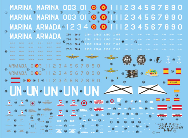 Detalle del set de calcas españolas para los helicópteros AB-204 y AB-212 en escala 1:72 del fabricante Series Españolas referencia 2772