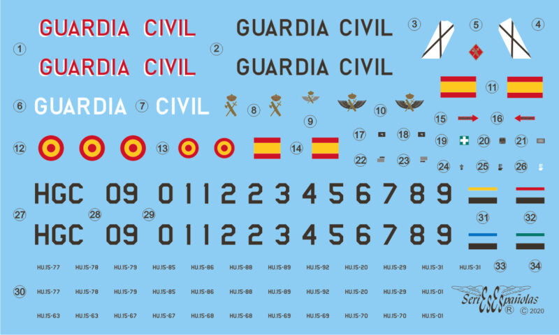 Detalle del set de calcas españolas para los helicópteros Bö-105 en escala 1:72 del fabricante Series Españolas referencia 3672