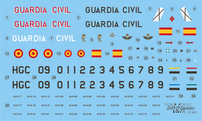 Detalle del set de calcas españolas para los helicópteros Bö-105 en escala 1:72 del fabricante Series Españolas referencia 3672