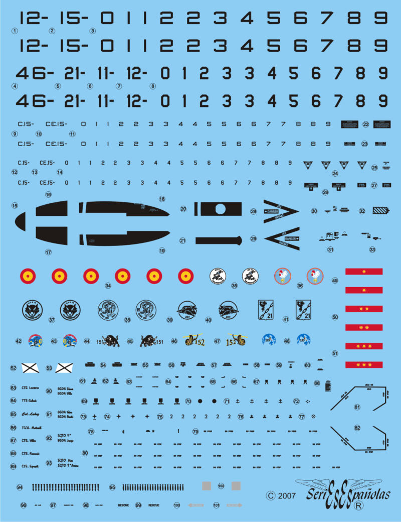 Detalle del set de calcas con insignias españolas para las maquetas del avión EF-18 A de todas las Alas del Ejército del Aire, en escala 1:72 de Series Españolas con referencia 1272