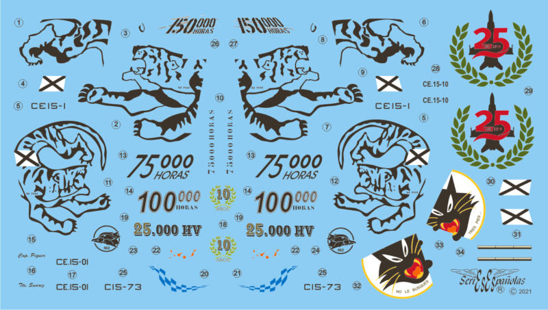Detalle del set de calcas con insignias españolas para las maquetas del avión EF-18 A y B para el conmemoraciones por horas de vuelo, del Ala 15  y 46 en escala 1:72 de Series Españolas con referencia 1172