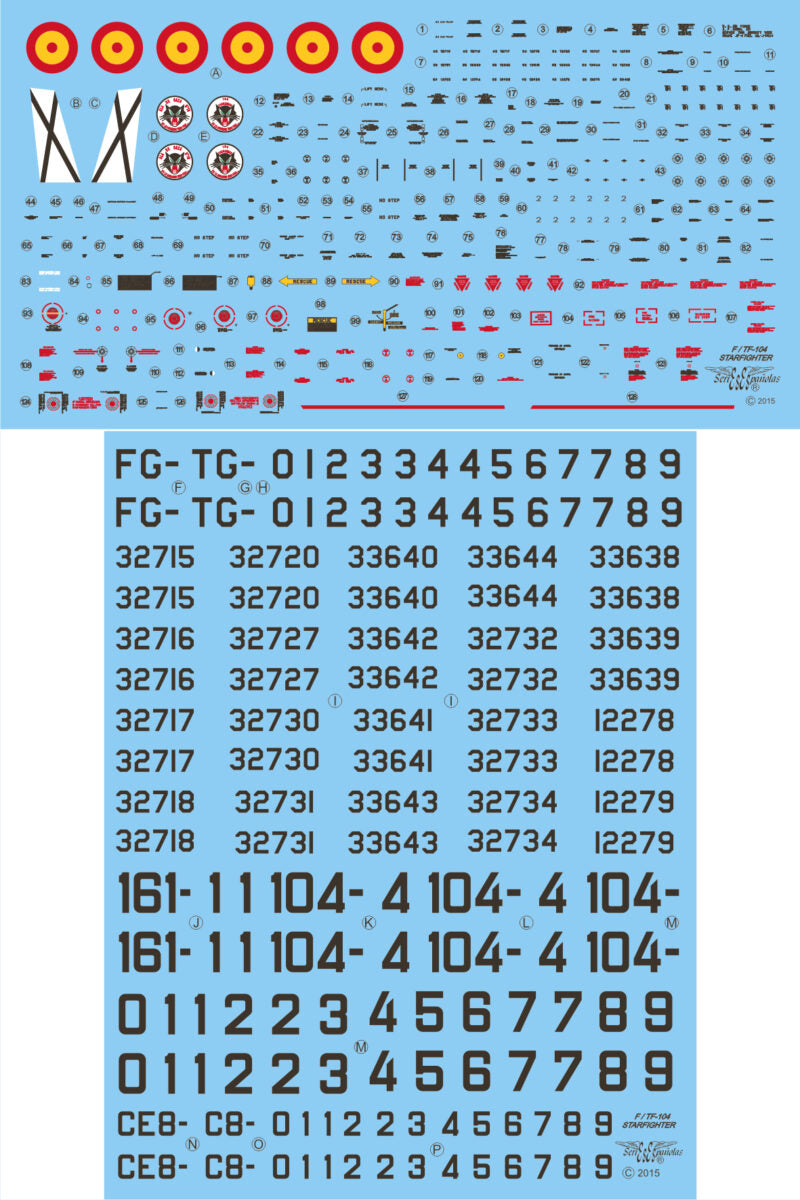 Detalle del set de calcas con insignias españolas para las maquetas del caza F-104G en escala 1:72 de Series Españolas referencia 2372