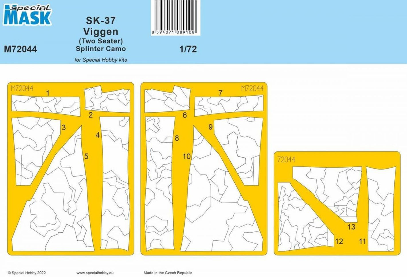 Set de máscaras con camuflaje Splinter para caza sueco SK-37 Viggen en versión biplaza y escala 1:72 de Special Mask referencia 72044