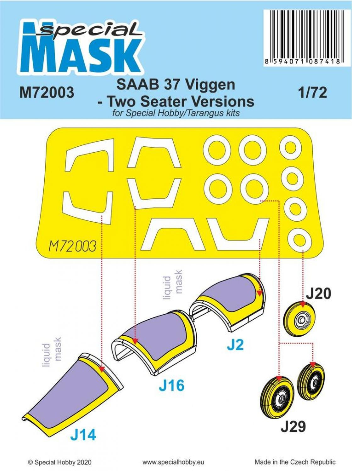 Set de máscaras para cabina y ruedas para caza sueco SK-37 Viggen en versión biplaza y escala 1:72 de Special Mask referencia 72003