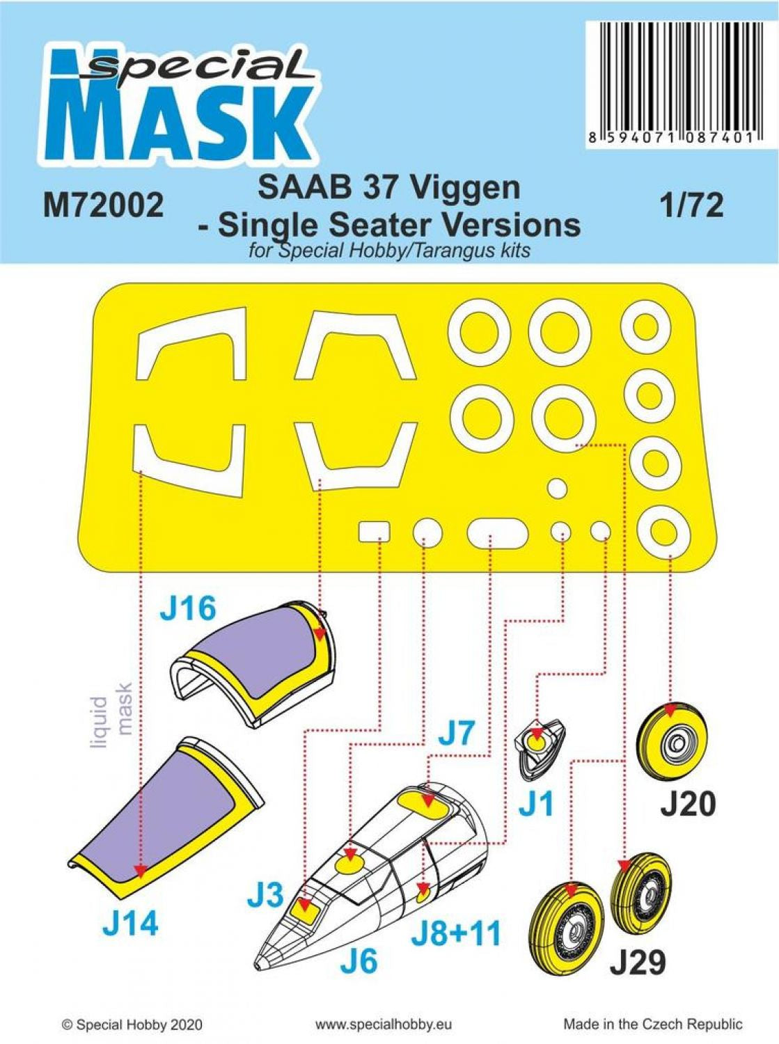 Set de máscaras para cabina y ruedas para caza sueco SF-37 Viggen en versión monoplaza y escala 1:72 de Special Mask referencia 72002