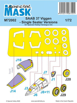 Set de máscaras para cabina y ruedas para caza sueco SF-37 Viggen en versión monoplaza y escala 1:72 de Special Mask referencia 72002