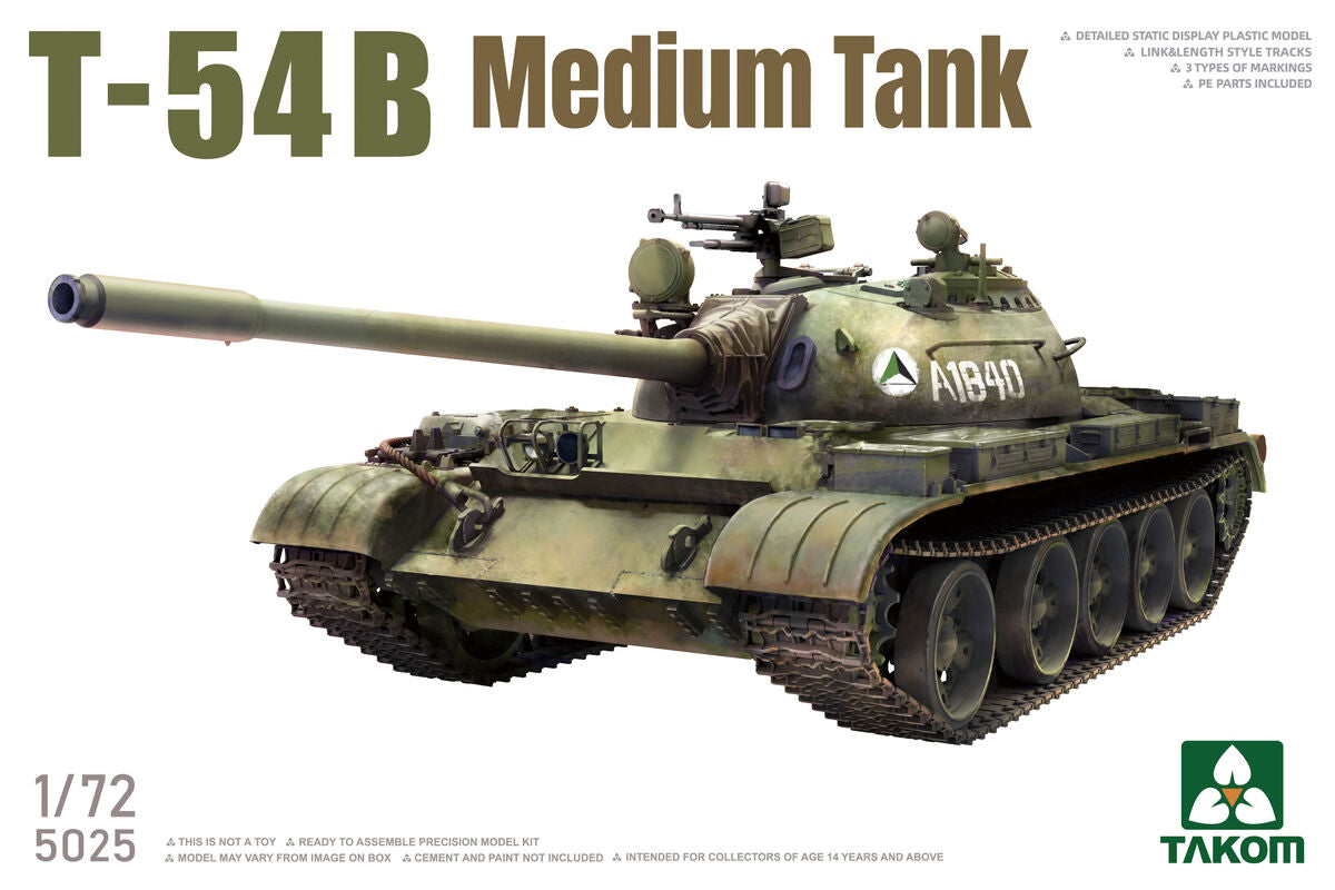 Portada de la caja de la maqueta del tanque soviético T-54B en escala 1:72 de Takom referencia 5025