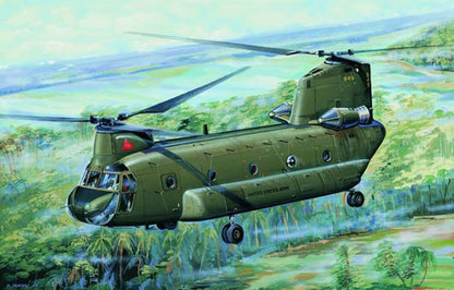 Portada de la caja de la maqueta del helicóptero norteamericano Boeing CH-47 en versión A en escala 1:72 de Trumpeter referencia 01621