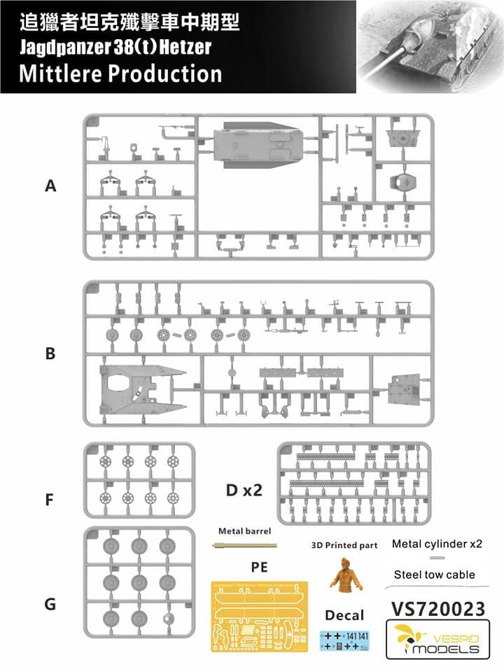 Piezas incluidas en la caja de la maqueta del cazacarros alemán Jagdpanzer 38t Hetzer en versión intermedia y en escala 1:72 de Vespid Model referencia VS720023