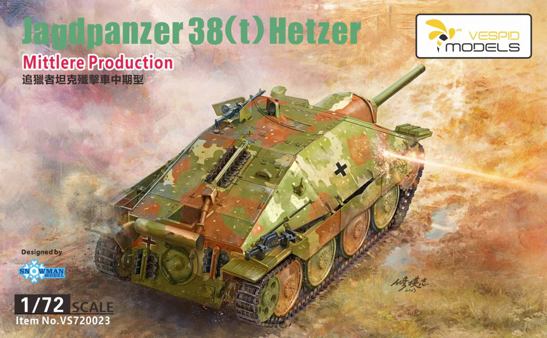 Portada de la caja de la maqueta del cazacarros alemán Jagdpanzer 38t Hetzer en versión intermedia y en escala 1:72 de Vespid Model referencia VS720023