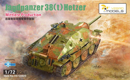 Portada de la caja de la maqueta del cazacarros alemán Jagdpanzer 38t Hetzer en versión intermedia y en escala 1:72 de Vespid Model referencia VS720023