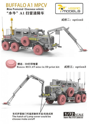 Opciones 2 y 3 de configuración de la maqueta del vehículo blindado Buffalo en versión limpia minas con sistema MPCV en escala 1:72 de Vespid Models referencia 720035