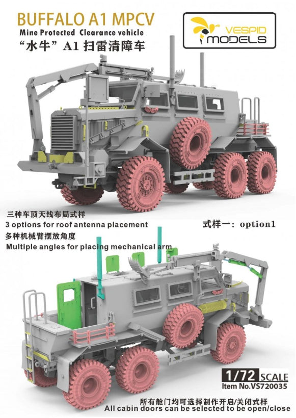 Opción 1 de configuración de la maqueta del vehículo blindado Buffalo en versión limpia minas con sistema MPCV en escala 1:72 de Vespid Models referencia 720035