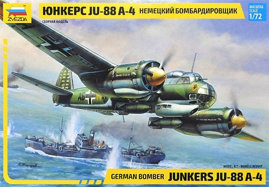 Portada de la caja de la maqueta del bombardero alemán Ju-88 versión A4 y en escala 1:72 de Zvezda referencia 7282 