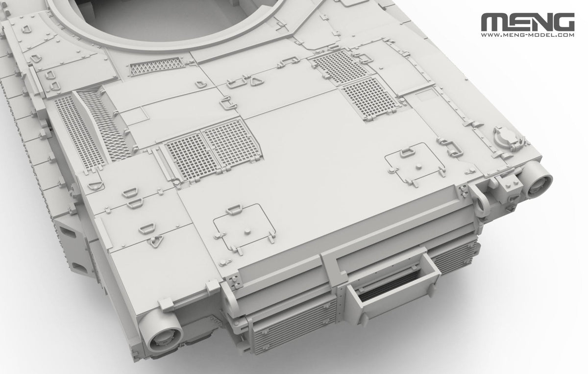 Detalle de la trasera de la maqueta del carro de combate norteamericano M1A2 Abrams SEP v2 con blindaje activo Trophy en escala 1:72 de Meng referencia 72-016