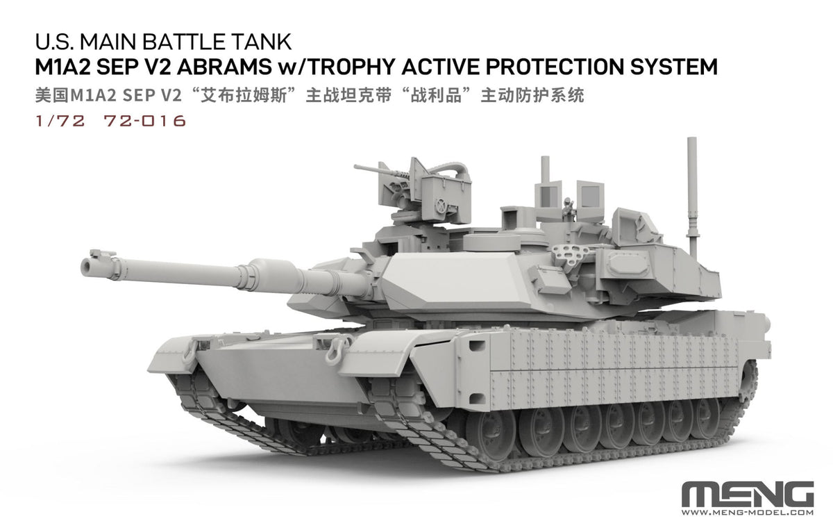 Foto frontal de la maqueta del carro de combate norteamericano M1A2 Abrams SEP v2 con blindaje activo Trophy en escala 1:72 de Meng referencia 72-016