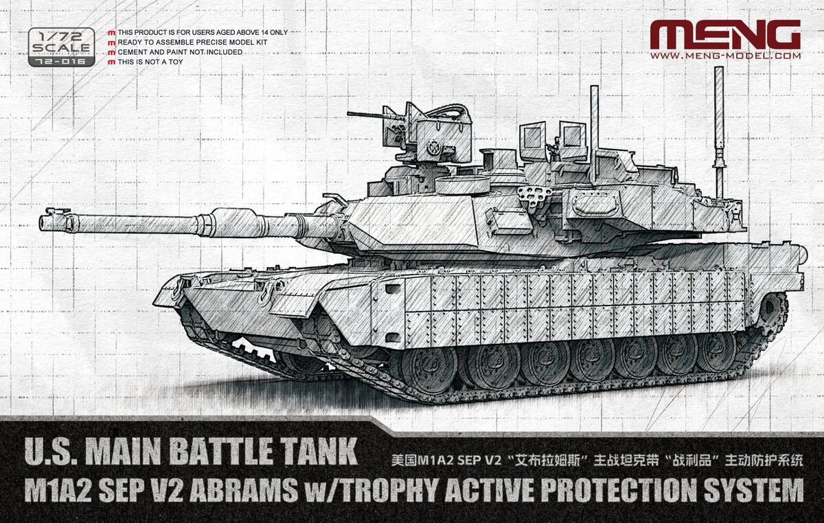 Portada de la caja de la maqueta del carro de combate norteamericano M1A2 Abrams SEP v2 con blindaje activo Trophy en escala 1:72 de Meng referencia 72-016