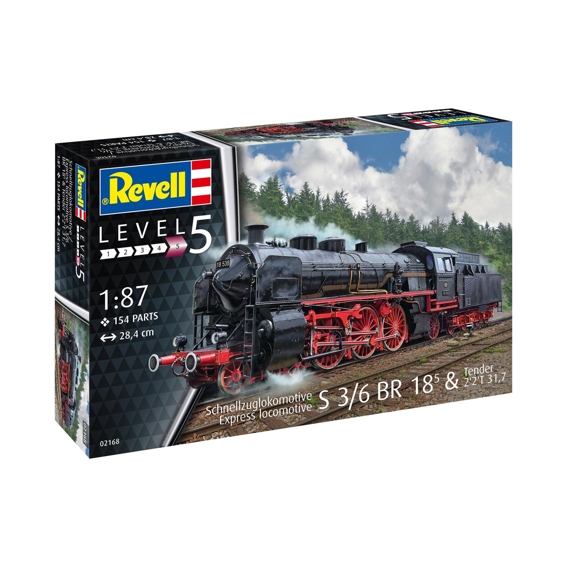 Foto de la portada de la caja de la maqueta de la locomotora alemana S 3/6 BR18 en escala 1:7 de Revell referencia 02168