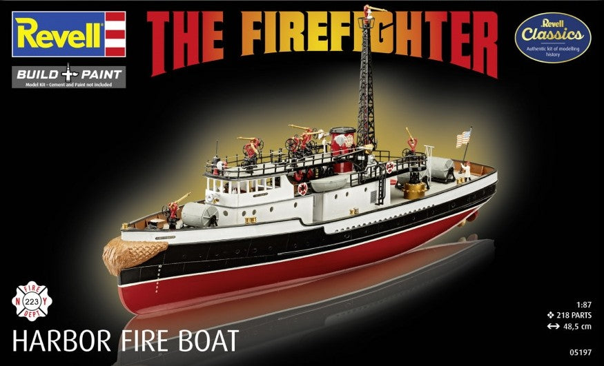 Portada de la caja de la maqueta del barco bombero del puerto de Nueva York The Firefighter en escala 1:87 de Revell referencia 05197