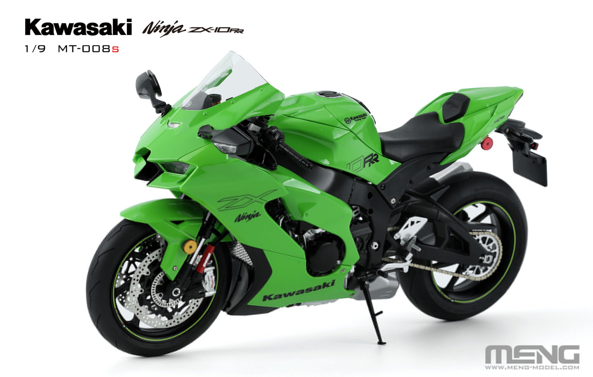 Foto lateral izquierda de la maqueta de la moto Kawasaki ZX-10RR Ninja precoloreada en escala 1:9 de Meng referencia TS-008S