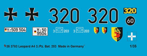 Set de calcas para tanque Leopard alemán en versión 2A4, en escala 1:35 de Peddinghuas Decals referencia 35 3783