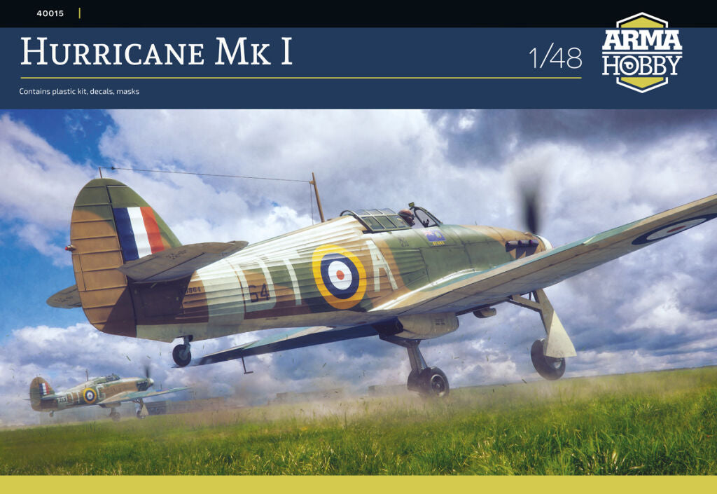 Portada de la caja de la maqueta del caza británico Hawker Hurricane Mk.I en escala 1:48 de Arma Hobby referencia 40015