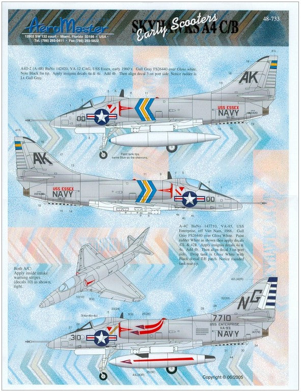 Instrucciones de la hoja de calcas para A4 Skyahwak Early Scooters en escala 1:48 de Aeromaster referencia 48-733